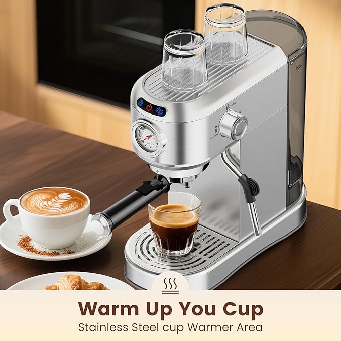 Espresso Machine 20 Bar, Compact Espresso Maker, Stainless Steel Expresso Coffee Machines with Steam Milk Frother & 34oz Removable Water Tank for Cappuccino, Latte, Home Office Use, Silver