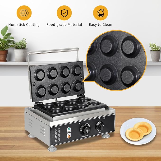 Commercial Egg Tart Waffle Maker, Waffle Egg Tart Shell Forming Baking Machine 8pcs Nonstick Tart Shell Baker Tartlets Shell Machine with Timing Function 110V