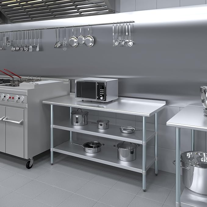 AmGood Stainless Steel Work Table with 1.5" Backsplash and 2 Shelves | NSF (60" Long x 24" Deep)