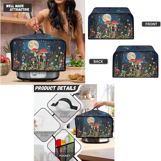 Unique Toaster 4 Slice Cover Thanksgiving Day Decorations Set, Blender Bread Toaster Slow Cooker Cover Fit for Most 6-8 Qt Slow Cookers, Mushroom Moon (Blue)