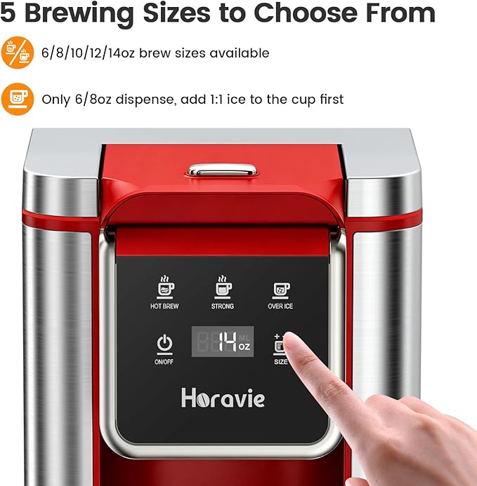 Single Serve Coffee Maker for K-Cup Pod and Grounds, Hot and Iced Coffee Maker, Strong Button Feature, 6 to 14oz Brew Sizes, 50oz Removable Reservoir, Fit 6.5" Mugs, Stainless Steel, Red