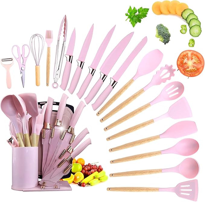 Kitchen Utensil Set,20 Pieces Kitchen Stainless Steel Knives Set Silicone Cooking Utensil with Wooden Handles,Home Kitchenware Accessories Cookware with Stand Block (Pink)