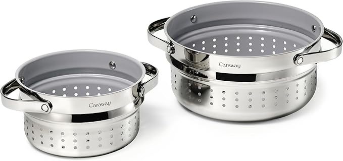 Caraway Small & Large Steamer Set – Made with Handles - Non Stick, Non Toxic Coating - Steam Veggies, Seafood, and More - Compatible With Our Dutch Oven or Sauce Pan – 3qt & 6.5qt - Stainless Steel