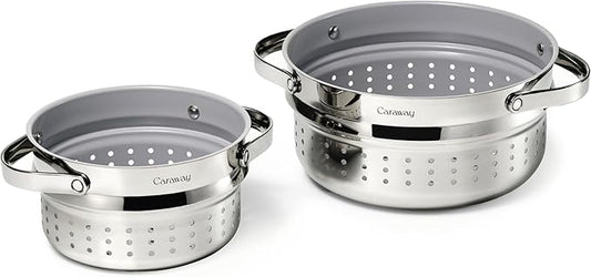 Caraway Small & Large Steamer Set – Made with Handles - Non Stick, Non Toxic Coating - Steam Veggies, Seafood, and More - Compatible With Our Dutch Oven or Sauce Pan – 3qt & 6.5qt - Stainless Steel