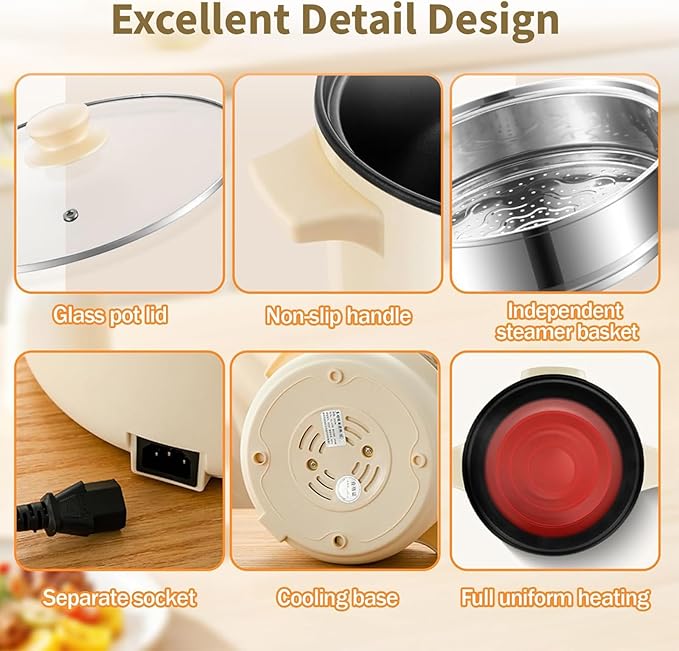 SOONHUA 3.2L Non-Stick Electric Hot Pot with Steamer, Multifunctional Electric Cooker with 9.5H Delay Timer & 6 Presets, Electric Cooking Pot for Soup, Rice, Noodles, Home & Dorm Use