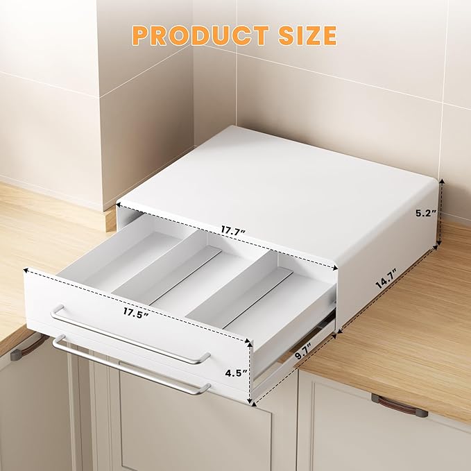 DTK Microwave Stand with Pull-Out Drawer & Tray, Kitchen Storage Drawers Countertop for Compact Microwave, Coffee Station & Kitchen Appliance, Microwave Riser with Storage, White(Stand+Drawer+Tray)