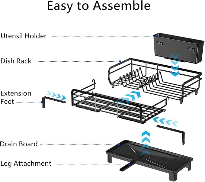 MIKEE Small Dish Drying Rack for Kitchen Counter, Expandable Rustproof Dish Drainer - Over The Sink Dish Drying Rack with 360° Rotating Drain, Kitchen Utensil Holder, Home and Kitchen Organization