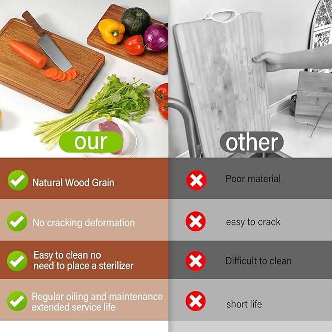 Solid Teak Wood Cutting Board One Piece Non Glued Large Thick Crack Resistant Wooden Chopping Board with DeepJuice Grooves Built in Handles for Kitchen Meat Vegetable 16.9x11.8 IN