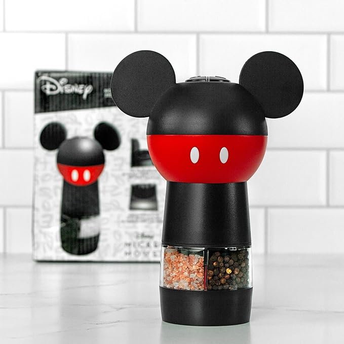 Uncanny Brands Disney Mickey Mouse Salt and Pepper Grinder – Dual Chamber Electric Mill with Adjustable Coarseness and LED Light – Battery Powered