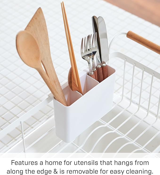 YAMAZAKI Home Tosca Over-The-Sink Dish Rack, Expandable, Plate Drying Organizer, with Cutlery Holder - Steel + Wood -