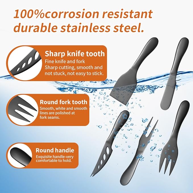 Black Butter Knives Set 7 Pieces Stainless Steel Kitchenware Utensils Gadgets include cheese Knife, Cheese Spreader, Cheese Forks, Cheese Slicer, Cheese Cutter, Butter Knife