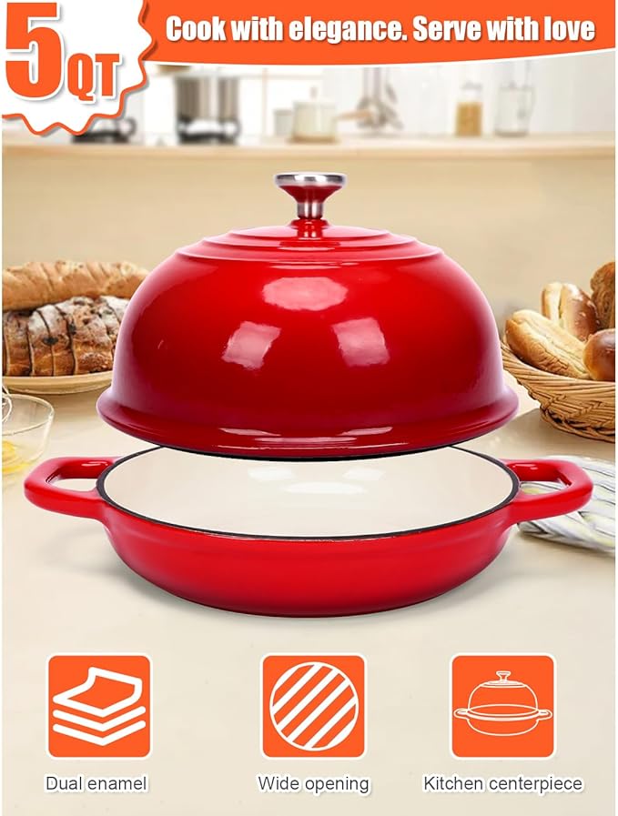 QuliMetal Dutch Oven Bread Baking- 5QT Enamel cast iron Oven with Sourdough Bread-Baking Supplies like Bread Proofing Basket, Scoring Lame, Dough Whisk for Sour dough, Bread-making Red