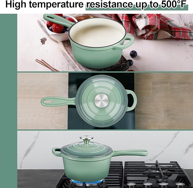 1 Qt & 2 Qt Saucepan Set, Leonyo Enameled Cast Iron Sauce Pan, Cast Iron Dutch Oven Kitchen Small Pots for All Cooktops Cooking Pasta, Milk, Oatmeal - Up to 500°F, Pistachio Green