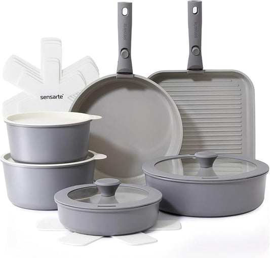 SENSARTE 17 Piece Ceramic Pots and Pans Set, Nonstick Detachable Handle Cookware, Induction Kitchen Cookware Set with Removable Handle, Dishwasher ＆ Oven Safe (Gray)