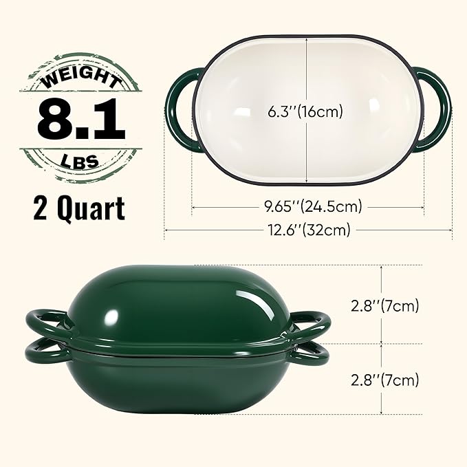 2 QT Oval Dutch Oven for Bread Baking, Enamelled Cast Iron Bread Oven for Sourdough, Sourdough Loaf Pan with Lid, Heavy-Duty Non Stick Bread Pan for Homemade Bread Baking, Green