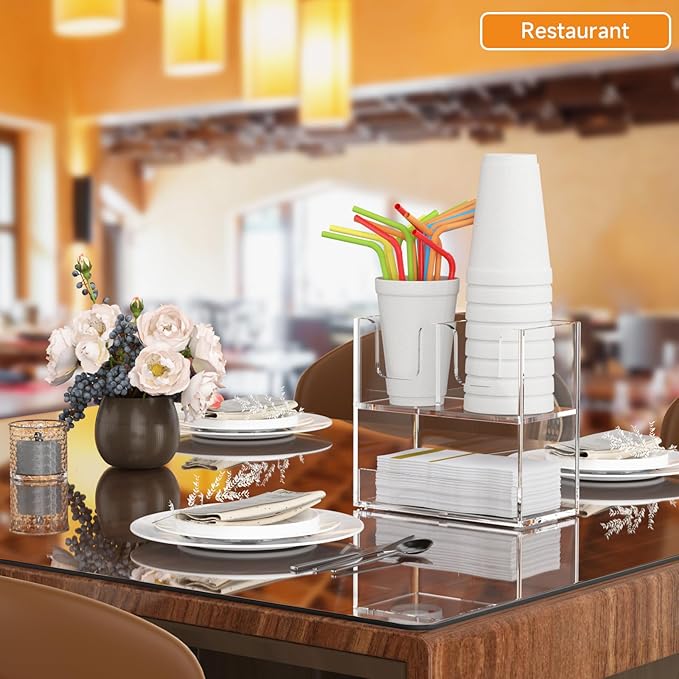 Beego 3-Compartment Cup Holder for Countertop - 2-Tier Clear Acrylic Cup Dispenser Coffee Station Paper Cup and Lid Organizer Condiment Storage for Restaurant Breakroom Kitchen Bar Accessories