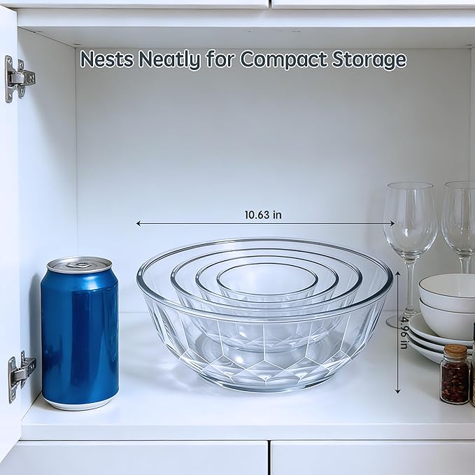 Thick Glass Mixing Bowls with Airtight Lids Set, 5-Piece Nesting Bowls for Baking & Meal Prep, BPA Free, Dishwasher Safe, 0.5/0.8/1.6/2.7/4.4 Quart - Gray