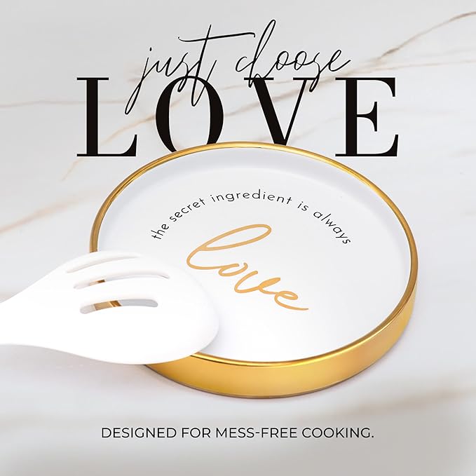8 Piece White and Gold Kitchen Utensils – White Silicone Cooking Utensils Set, Ceramic Utensil Holder & Stackable Gold Spoon Rest –Nonstick, Non-Toxic, Heat Resistant, Luxury Kitchen Accessories