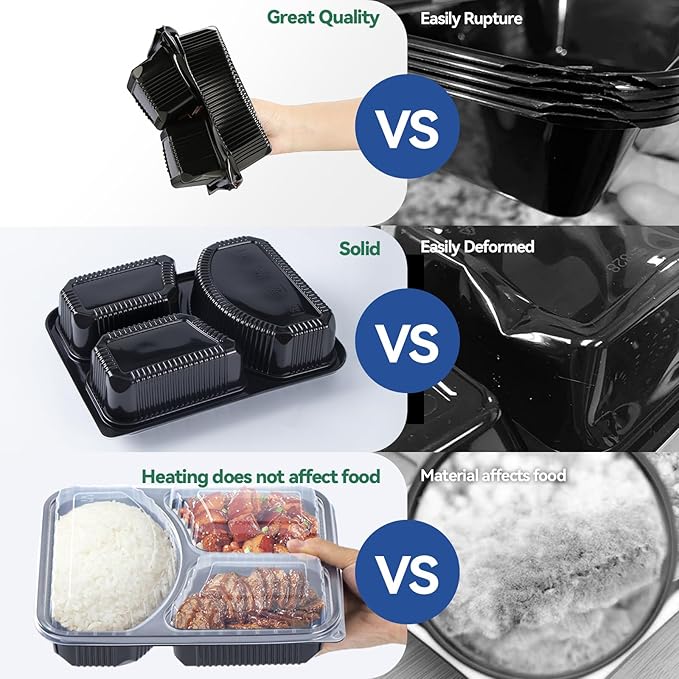 Take Out Containers 38 oz 40 Pack - Shrink Wrapped 3 Compartment Leakproof Catering | BPA Free PP Plastic Microwave & Freezer Safe | Flexible Reusable Commercial Black Lunch Boxes with Lid