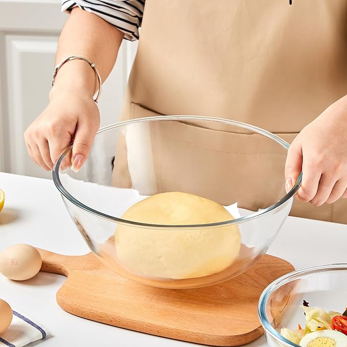 4.7QT Large Glass Mixing Bowl with Lid, Clear Glass Salad Cooking Bowls for Sourdough, Salad and Storage Prepping and Baking Food Storage Set