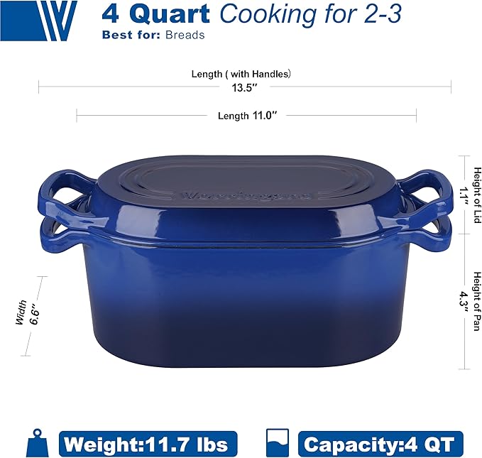 Oval Dutch Oven Pot with Lid, Enamel Coating Cast Iron Bread Pans for Homemade Sourdough Bread Baking, Cooking, 4 Quart, Blue