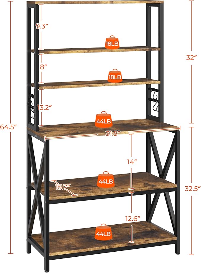 Yaheetech 6-Tier Kitchen Bakers Rack, 31.5 Inch Coffee Bar Table, Farmhouse Microwave Oven Stand Cabinet for Small Spaces, Corner Organizer Storage Shelf for Spices and Pots Rustic Brown