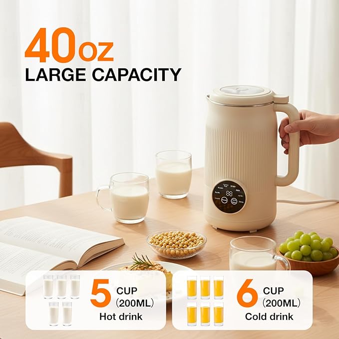 8-IN-1 Nut Milk Maker, 40 oz Soy milk Machine Maker Homemade Almond Oat Coconut Plant Based and Dairy Free Beverages, Countertop Blender With Delay Start/Keep Warm/Boil Water/Self-Cleaning