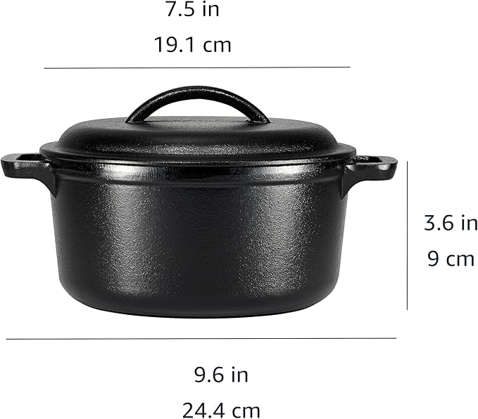 Amazon Basics Pre-Seasoned Cast Iron Mini Dutch Oven Pot with Lid and Dual Handles, Oven Safe, 2-Quart, Round, Black