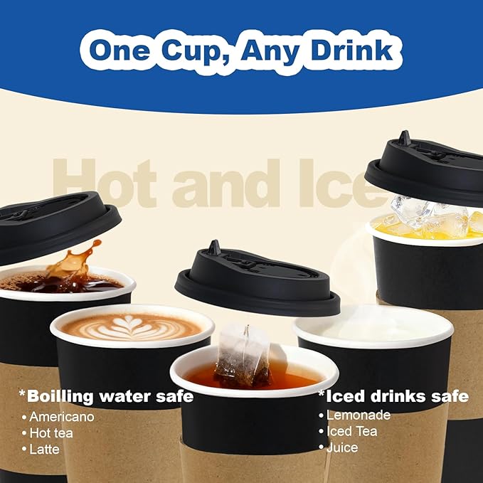 20 oz 100 Pack Coffee Cups with Lids and Sleeves, Straws, Hot Disposable To Go Travel Paper Cups Bulk for Office, Home Coffee Bar Accessories, Chocolate, Cocoa, Beverage (Black)