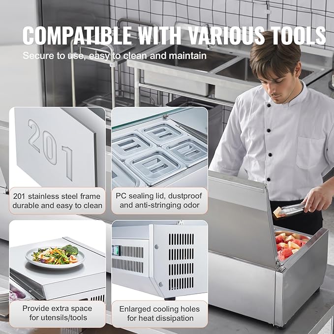 VEVOR Condiment Prep Rail Station, 160 W Countertop Refrigerated Condiment Station, with 5 1/3 4 1/6 Pans, 304 Body and PC Lid, Sandwich Prep Table with Stainless Guard, ETL, Silver