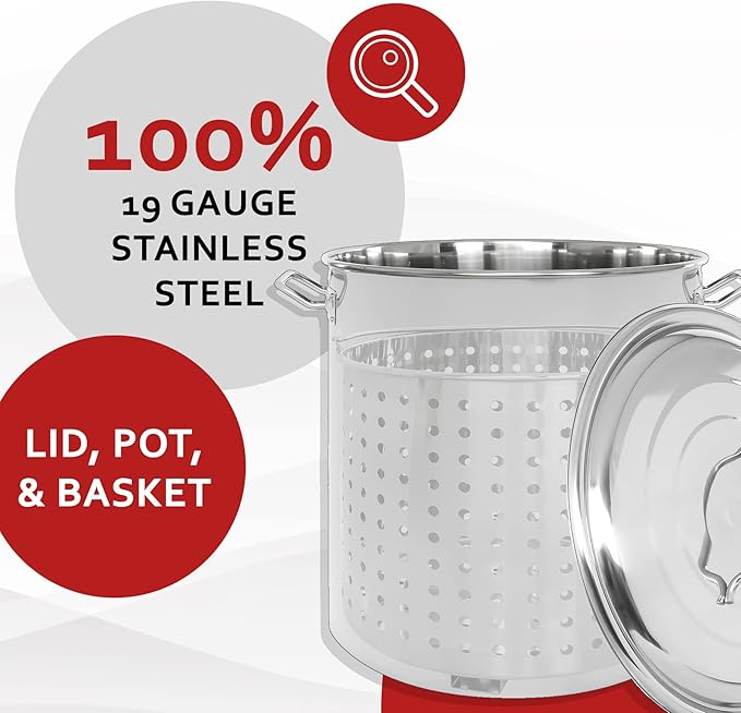 CONCORD Stainless Steel Stock Pot w/Steamer Basket. Cookware great for boiling and steaming (40 Quart)