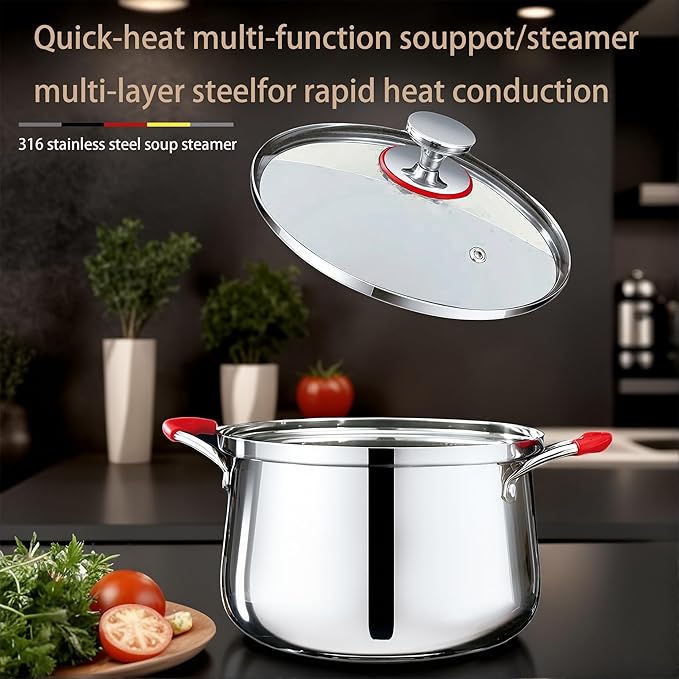 5 Qt Stainless Steel Stock Pot, Fast Heating 316 Thickened Clad with Glass Lid, Induction Gas Electric Ceramic Halogen Compatible Stew Pot (1 Tier, 22cm)