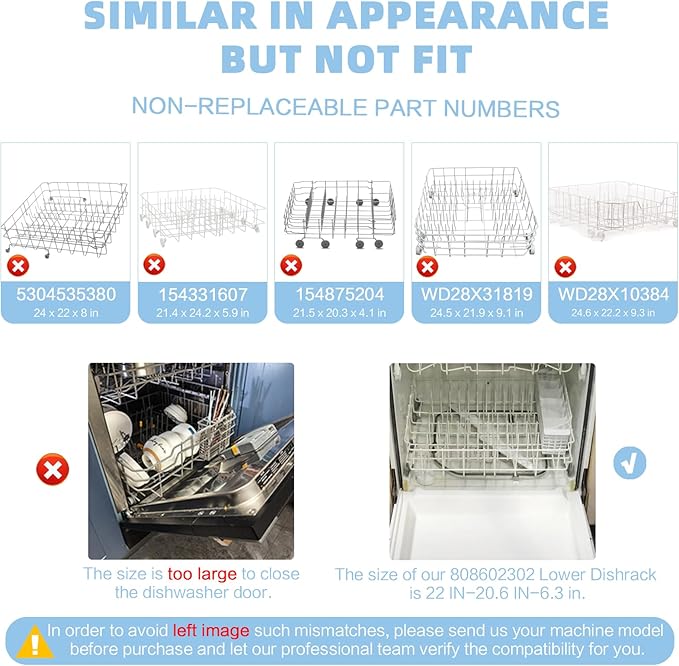 Upgrade OEM 808602302 Dishwasher Lower Dishrack Intended for Frigidaire, Fit for Kenmore Dishwasher Rack 1-Year Service Equipped with 154174501 Wheels Replace Part Number 154432602 154432601 154319706