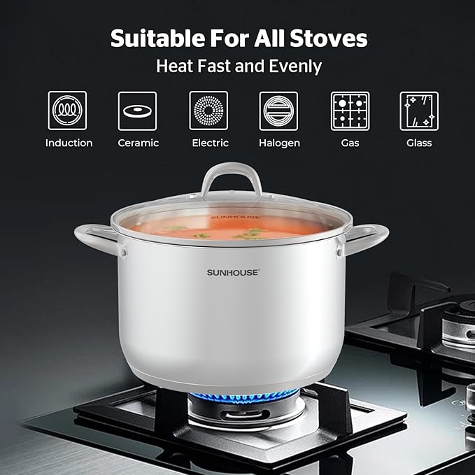 SUNHOUSE Stainless Steel Stock Pot - 13 Quart Heavy-Duty Induction Cooking Pot with Visible Lid for Pasta, Soup, Spaghetti - Nonstick Thick-Bottom Deep Stockpot for Canning, Boiling, and Simmering
