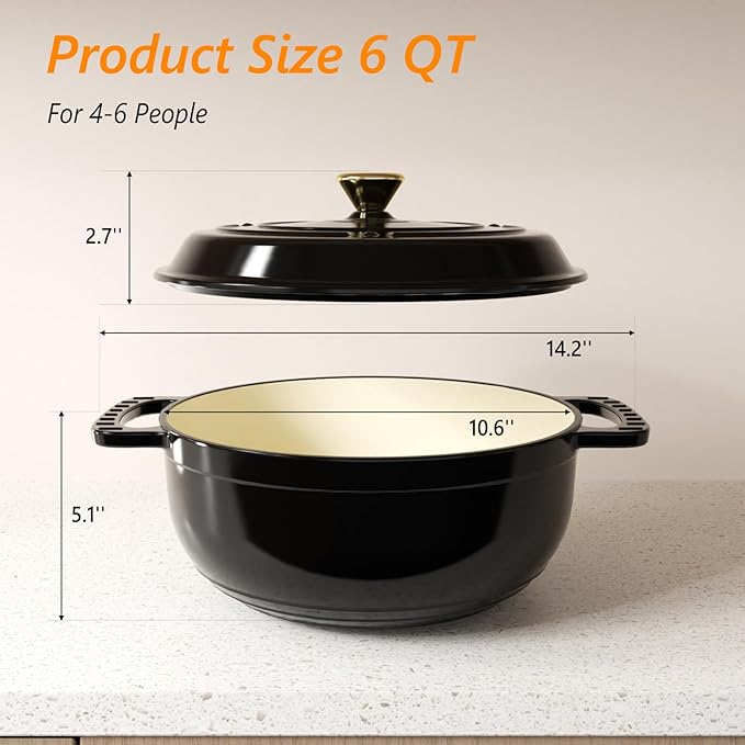 Bonnlo 6QT Round Dutch Oven, Enameled Cast Iron Dutch Oven Pot with Lid & Dual Handles, Oven Safe Up to 500° F, for Sourdough, Bread Baking, Stews and Roasting (Black)