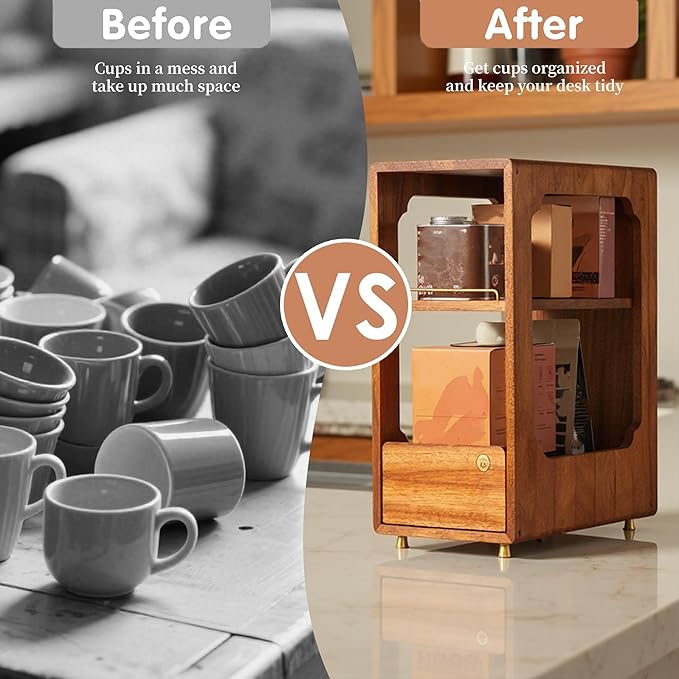 Coffee Station Organizer Wood Coffee Bar Organizer with Drawer Countertop 2 Tier Wood Shelf Storage Accessories for Home Kitchen