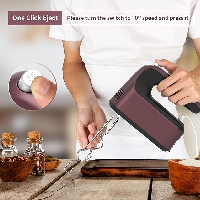 9-Speed Digital Hand Mixer Electric, 400W Powerful DC Motor, Hand Mixer Electric Handheld with Snap-On Storage Case, 5 Stainless Steel Accessories, Beaters, Dough Hooks, Whisk(Grape Purple)
