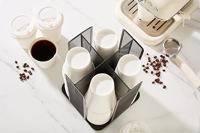 Annova Paper/Plastic Cup and Lid Holder Plastic Storage Organizer, 360°Rotating Coffee Mup Dispenser with 4 Compartments, Multifunctional Storage Rack for Home, Office, Bar, Coffee Shop (Black)