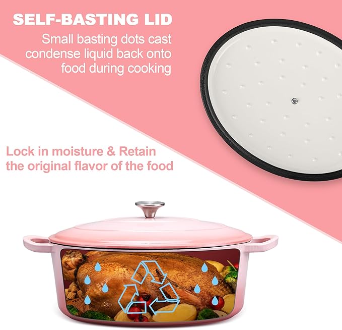 E-far 5QT Oval Dutch Oven Pot with Lid, Enameled Cast Iron Dutch Oven with Dual Handles, Heavy-Duty Cookware for Sourdough Bread Baking, Braising, Stews, Oven Safe & Easy Clean, Pink
