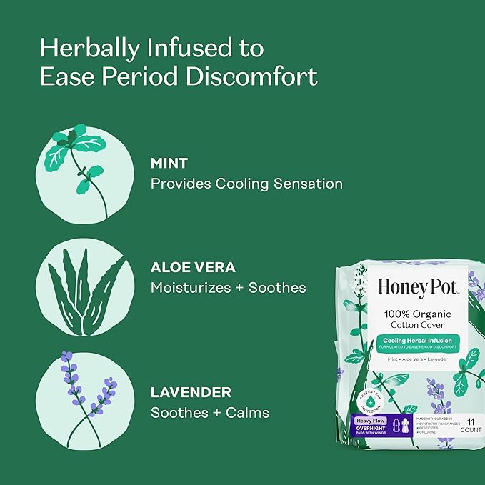 The Honey Pot Company - Herbal Sanitary Pads for Women - Heavy Flow Overnight w/Wings - Infused w/Essential Oils for Cooling Effect & Organic Cotton Cover - Feminine Care - 11 ct