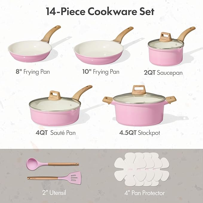 CAROTE Ceramic Cookware Set, 14 PCS Pots and Pans Set Non Stick, Pot and Pan Set with Frying pan, Induction Ready Cooking Set for Kitchen, PFOS/PFOA/PFAS Free, Pink