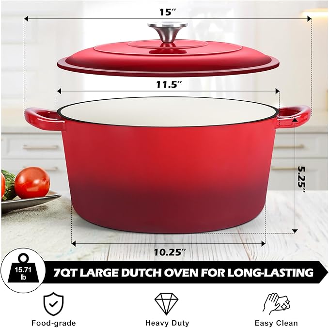 TeamFar Enameled Cast Iron Dutch Oven, 7qt Dutch Oven Pot Nonstick Cookware with Lid & Dual Handles for Bread Baking, Cooking, Oven Safe up to 500℉ & Various Stovetops, Healthy & Heavy Duty - Red