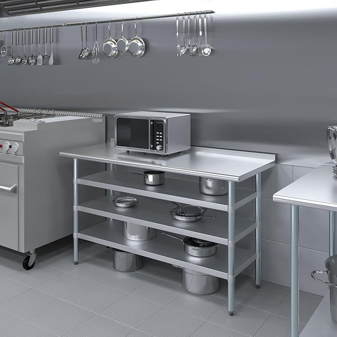 AmGood Stainless Steel Work Table with 1.5" Backsplash and 3 Shelves | Metal Kitchen Food Prep Table | NSF (60" Long x 24" Deep)