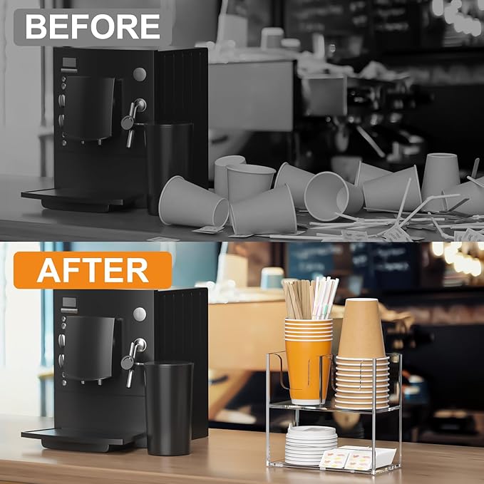 Beego 3-Compartment Cup Holder for Countertop - 2-Tier Clear Acrylic Cup Dispenser Coffee Station Paper Cup and Lid Organizer Condiment Storage for Restaurant Breakroom Kitchen Bar Accessories