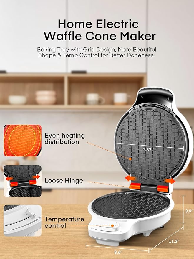 FOHERE Waffle Cone Maker Machine and Ice Cream Bowl Maker with Temperature Control, Double Side Nonstick Waffle Bowl Maker with Cone Roller, 7.5” Thin Waffle Maker for Home Kitchen (White)