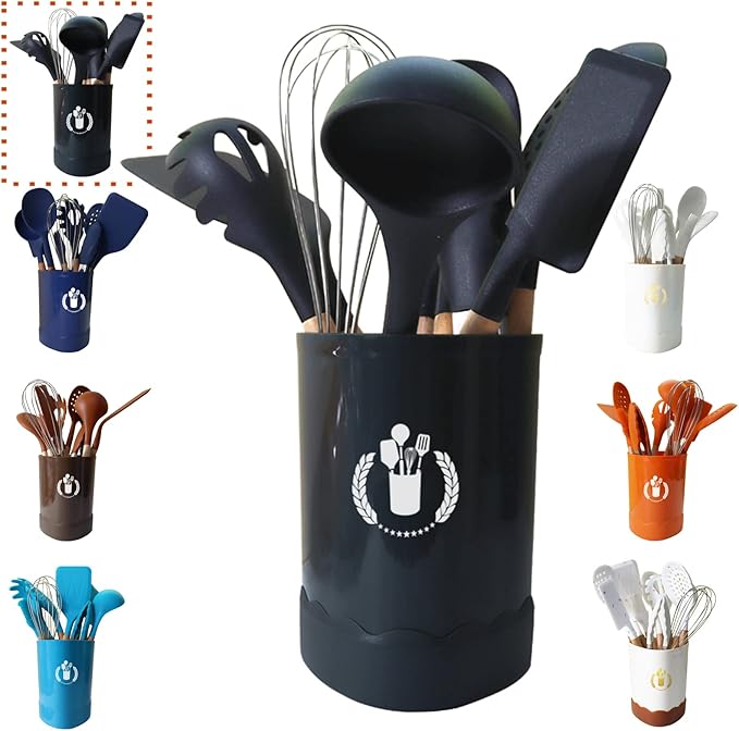 Black Silicone Kitchen Cooking Utensils Set, Heat Resistant Silicone Kitchen Gadgets Utensils Set with Wooden Handle,Silicone Spoons Spatula Whisk with Holder for Nonstick Cookware