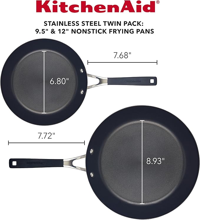 KitchenAid Stainless Steel Nonstick Frying Pans/Skillet Set, 9.5 Inch and 12 Inch - Brushed Stainless Steel