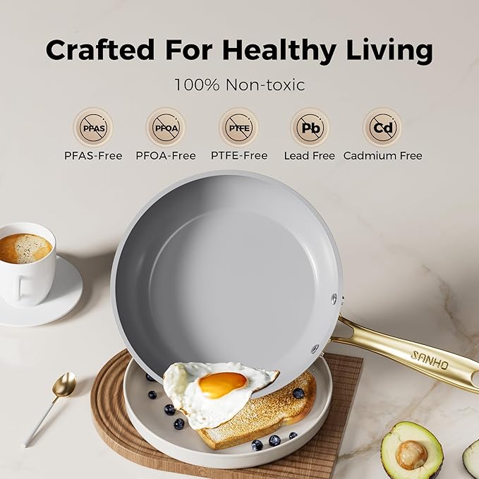 Sanho 8 Inch Nonstick Frying Pan, Diamond-Titanium Ceramic Coating PFAS/PFOA Free, Oven & Dishwasher Safe Skillet, Induction Compatible with Cool Touch PVD Handle