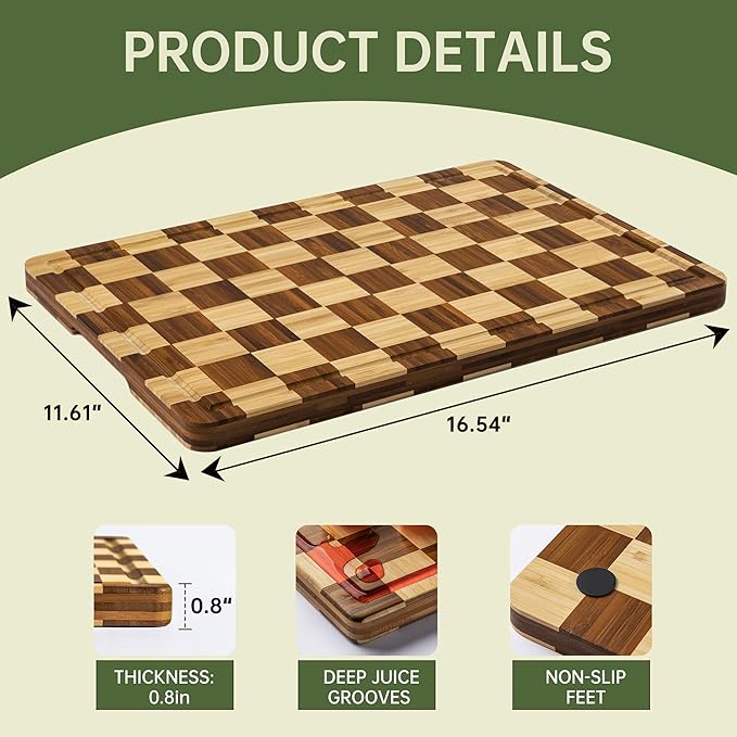 Decorative Checkered Thick Bamboo Cutting Board, End Grain Wood Chopping Board for Kitchen, Non-slip, Long-Lasting & Crack-Resistant, Serving Tray, Perfect Housewarming Gift 16.5”x11.6”x0.8”