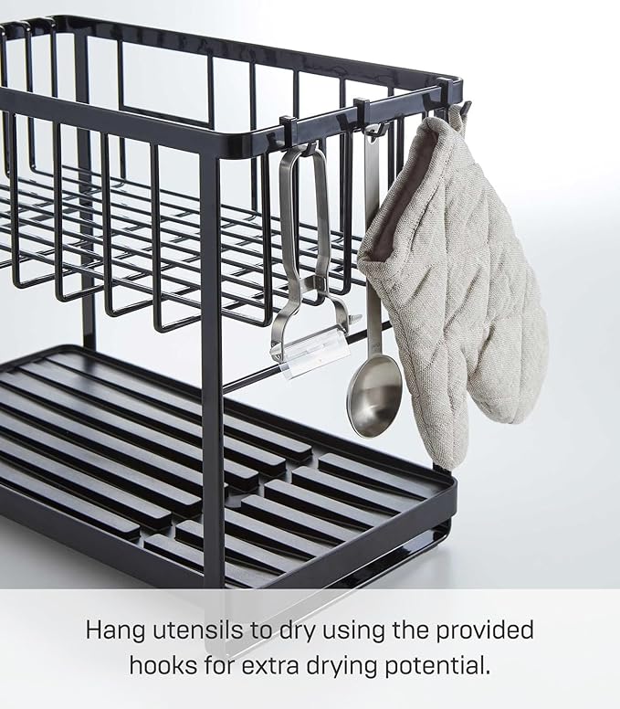 YAMAZAKI Home Tower Two-Tier Adjustable Dish Drainer Rack, Compact Drying Rack with Hooks, Utensils Holder - Steel -